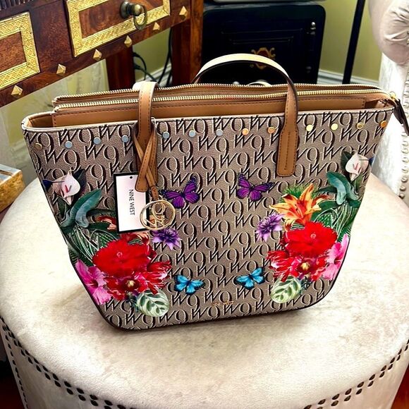 NWT Nine West Tropical Monogram Print Tote Handbag